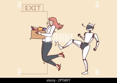 Il robot tira fuori dal lavoro una dipendente femminile. Concetto di intelligenza artificiale e androidi sul posto di lavoro. Nuova era di assistenti robotici. Vettore illu Foto Stock