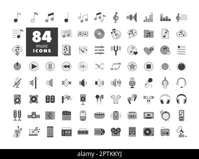 Set di icone in scala di grigi dei vettori di colori musicali. Simbolo grafico per il design, il logo, l'app, l'interfaccia utente e il sito Web musicale e sonoro Foto Stock