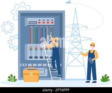 Illuminazione ed energia elettrica manutenzione pannello di servizio armadio del tecnico lavori elettrici su cartoon piano modelli disegnati a mano Illustrazione Illustrazione Vettoriale