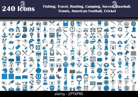 240 icone di pesca, Viaggi, Caccia, Campeggio, Calcio, Baseball, tennis, football americano, cricket Illustrazione Vettoriale