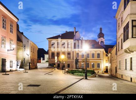 Ungheria - accogliente piccola piazza barocca nel centro di Gyor, con la scultura in bronzo di Nimrod, sullo sfondo la torre della Cattedrale di notte Foto Stock