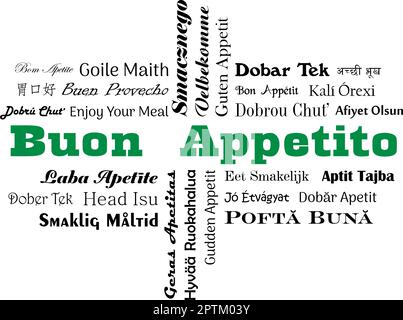 Caratteri vettoriali per Appetito buon. In tutte le lingue dell'Unione europea, cinese e hindi. Parte posteriore bianca. Illustrazione Vettoriale
