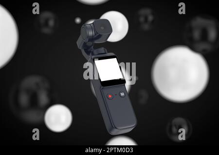 Action camera Gimbal tascabile nera su sfondo bianco e nero. rendering 3D Foto Stock