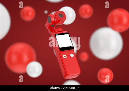 Action camera gimbal portatile Red Pocket su sfondo rosso e bianco. rendering 3D Foto Stock