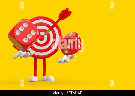 Tiro con l'arco Target e Dart in Center Cartoon personaggio Mascot persona con Red Game dadi cubetti in volo su uno sfondo giallo. rendering 3D Foto Stock