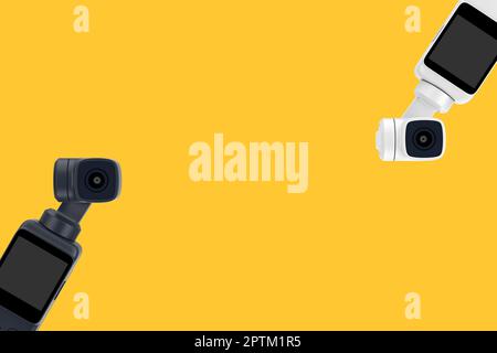 Action camera tascabili con sospensione cardanica in bianco e nero su sfondo giallo. rendering 3D Foto Stock