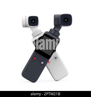 Action camera tascabili con sospensione cardanica in bianco e nero su sfondo bianco. rendering 3D Foto Stock