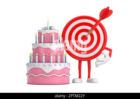 Tiro con l'arco Target e Dart in Center Cartoon personaggio Mascot persona con compleanno Cartoon Dessert torta a livelli e candele su uno sfondo bianco. 3D Rend Foto Stock