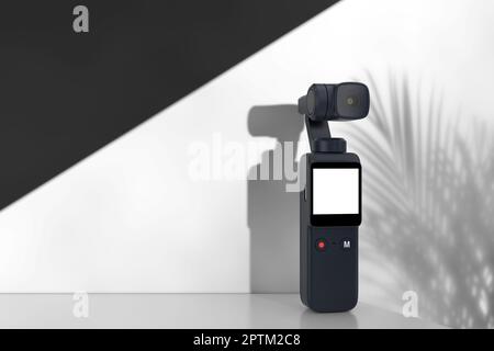 Fotocamera tascabile tascabile ad azione gimbal bianca Presentazione del prodotto Podium Cube Extreme closeup. rendering 3D Foto Stock