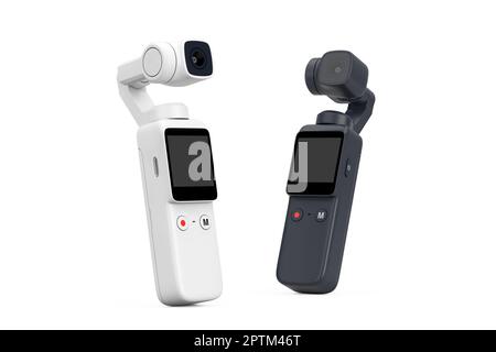 Action camera tascabili con sospensione cardanica in bianco e nero su sfondo bianco. rendering 3D Foto Stock