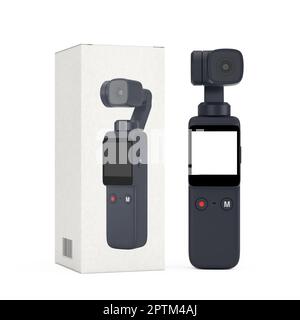 Action camera portatile tascabile con gimbal e scatola di cartone bianca su sfondo bianco. rendering 3D Foto Stock