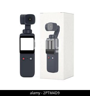 Action camera portatile tascabile con gimbal e scatola di cartone bianca su sfondo bianco. rendering 3D Foto Stock