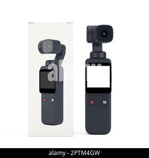 Action camera portatile tascabile con gimbal e scatola di cartone bianca su sfondo bianco. rendering 3D Foto Stock