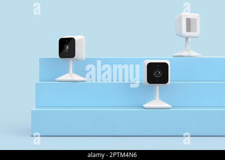 White Modern Web Cameras on a Blue Presentazione del prodotto Podium Cube Extreme closeup. rendering 3D Foto Stock