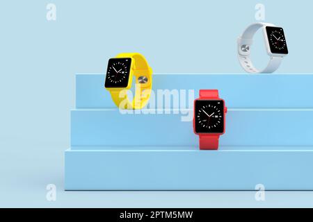 Bianco, giallo e rosso moderno Smart Watch Mockups su un blu Presentazione del prodotto Podium Cube Extreme closeup. rendering 3D Foto Stock