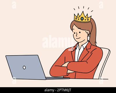 Donna d'affari in corona che lavora su un computer portatile Illustrazione Vettoriale