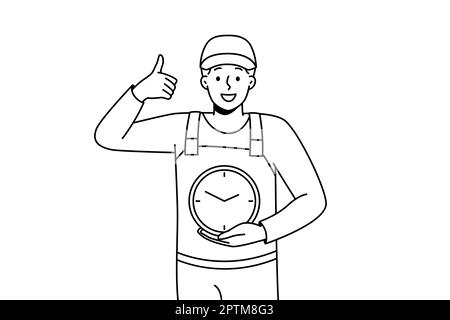 Uomo sorridente in uniforme tenendo l'orologio nelle mani mostrando il pollice in su. Lavoratore maschio felice con la cura di vigilanza circa la gestione di tempo e la scadenza. Illustrazione vettoriale Foto Stock