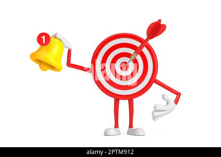 Tiro con l'arco Target e Dart in Center Cartoon personaggio persona Mascot witn Cartoon Social Media Notification Bell e l'icona nuovo messaggio su uno sfondo bianco Foto Stock