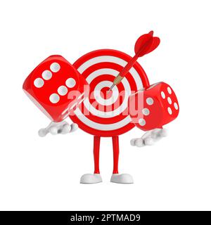 Tiro con l'arco Target e Dart in Center Cartoon personaggio Mascot persona con Red Game dadi cubetti in volo su uno sfondo bianco. rendering 3D Foto Stock