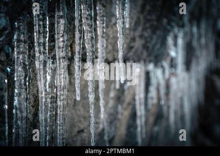 Primo piano di Icicle nell'inverno gelido della Norvegia Foto Stock