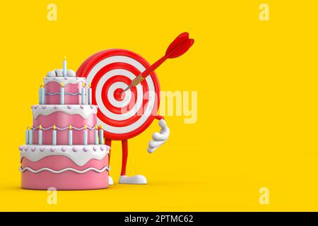 Tiro con l'arco Target e Dart in Center Cartoon personaggio Mascot persona con compleanno Cartoon Dessert torta a livelli e candele su uno sfondo bianco. 3D Rend Foto Stock