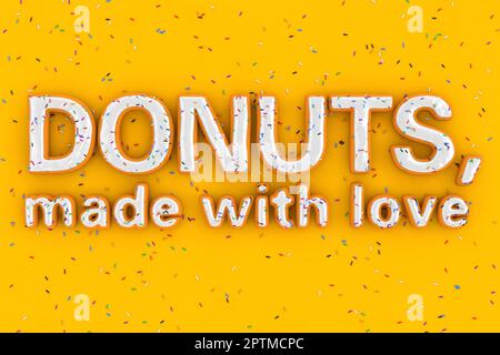 Ciambelle: Made with Love sale slogan Sign in Shape of Big White Chocolate Glassato ciambella con Sprinkles su sfondo giallo. rendering 3D Foto Stock