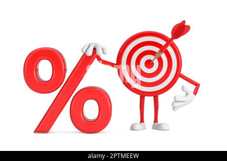 Tiro con l'arco Target e Dart in Center Cartoon personaggio Mascot con Red Retail percentuale di vendita o di sconto segno su uno sfondo bianco. rendering 3D Foto Stock