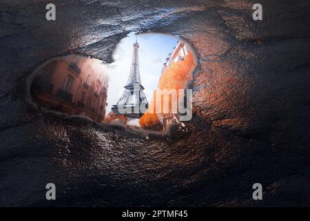 Love France Concept. Riflesso della Torre Eiffel attraverso Puddle a forma di cuore estremo closeup. rendering 3D Foto Stock