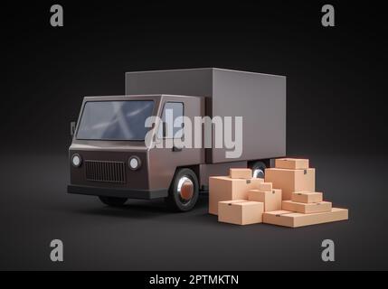 Cartoon courier bus e pacchi in piedi accanto ad esso - sfondo scuro e autobus marrone - 3D illustrazione Foto Stock