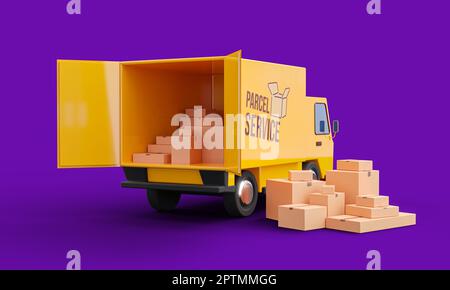Cartoon corriere bus con porte aperte e un mucchio di pacchi accanto ad esso - 3D Illustrazione Foto Stock