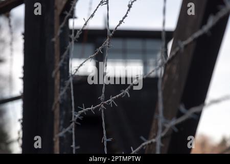 Torre di guardia in legno nel Museo di Stutthof a Sztutowo, Polonia. Circa 65,000 detenuti (dal 110,000) morirono nel campo di concentramento KL Stutthof di Septembe Foto Stock