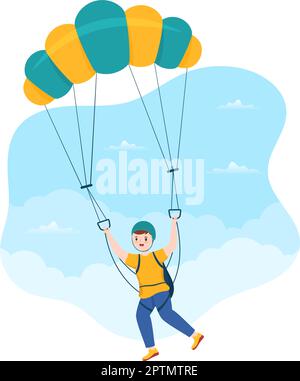 Skydiving Illustrazione con i skydivers uso Parachute e salto del cielo per le attività all'aperto in modelli disegnati a mano del cartoon estremo piatto Illustrazione Vettoriale