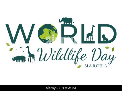 World Wildlife Day il 3rd marzo per aumentare la consapevolezza degli animali, piantare e preservare il loro habitat nella foresta in Cartoon piano modello disegnato a mano Illustrazione Foto Stock
