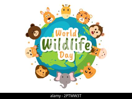 World Wildlife Day il 3rd marzo per aumentare la consapevolezza degli animali, piantare e preservare il loro habitat nella foresta in Cartoon piano modello disegnato a mano Illustrazione Foto Stock