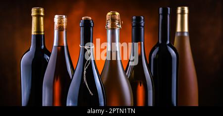 Composizione con bottiglie di diversi tipi di vino. Foto Stock