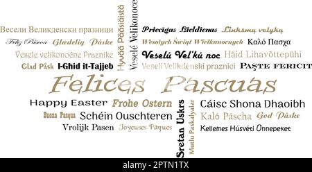 Buona scrittura vettore di Pasqua. Lingue dell'Unione europea in nero e oro. Parte posteriore bianca. Illustrazione Vettoriale