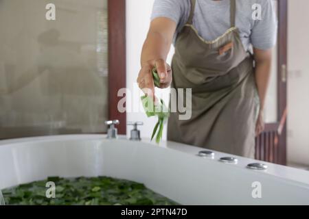 Donna che prepara un bagno alle erbe naturale. Trattamenti termali: Bagno rigenerante alle erbe con fettine di lime, foglie di citronella e fiori. Foto Stock