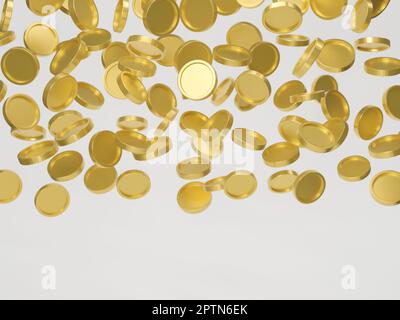 Monete d'oro con il simbolo del dollaro che cade o che vola isolato su sfondo bianco. Concetto di jackpot o poke del casinò. rendering 3d. Foto Stock