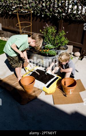 Fratelli che piantano fiori per la primavera a San Diego Foto Stock