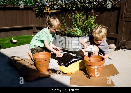 Fratelli che piantano per la primavera a San Diego Foto Stock