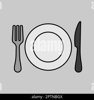 Icona in scala di grigi del piatto da pranzo, del coltello e della forcella. Simbolo grafico per la progettazione, il logo, l'app, l'interfaccia utente del sito Web di cottura Foto Stock