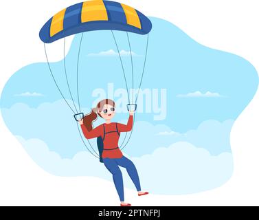 Skydiving Illustrazione con i skydivers uso Parachute e salto del cielo per le attività all'aperto in modelli disegnati a mano del cartoon estremo piatto Illustrazione Vettoriale