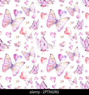 Cute farfalle disegnate a mano acquerello senza cuciture motivo. Texture raster di progettazione animalistica. Illustrazione colorata e vivace su sfondo bianco Foto Stock