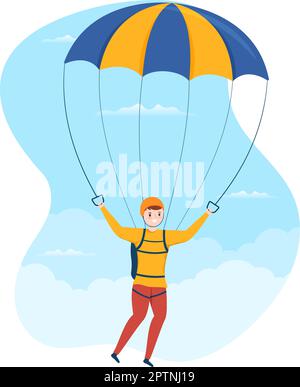 Skydiving Illustrazione con i skydivers uso Parachute e salto del cielo per le attività all'aperto in modelli disegnati a mano del cartoon estremo piatto Illustrazione Vettoriale