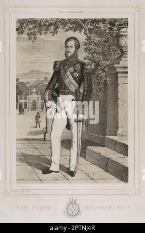 Pedro II di Alcantara (1825-1891). Imperatore del Brasile (1831-1889). Doveva abdicare e andare in esilio in Europa dopo un colpo di Stato che lo rovesciò nel novembre 1889. Verticale. Disegno di B. Blanco. Litografia di Donón. "Reyes Contemporáneos". Volume I. Pubblicato a Madrid, 1855. Foto Stock