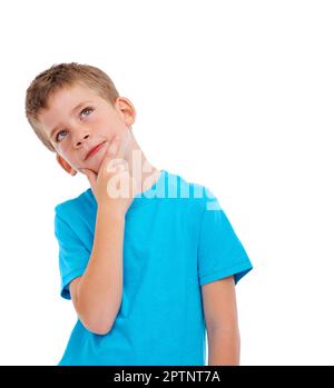 HES crescerà grande. Foto studio di un giovane ragazzo vestito casualmente isolato su bianco Foto Stock