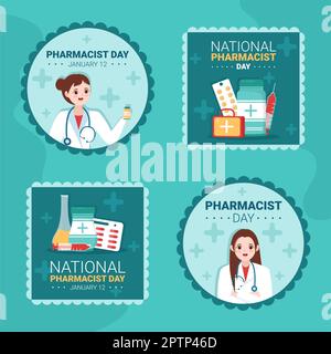 Illustrazione dei modelli disegnati a mano in cartoon piano etichetta per la Giornata Mondiale dei farmacisti Foto Stock