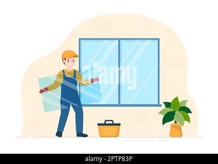 Servizio di installazione di finestre e porte con lavoratore per la riparazione a casa e ristrutturazione utilizzare gli attrezzi in Cartoon piano modello disegnato a mano Illustrazione Foto Stock