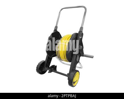 Nuovo tubo da giardino ricurva isolato su sfondo bianco. Tubo flessibile di irrigazione in gomma isolato. Rotolo di tubo irrigatorio da giardino rinforzato isolato Foto Stock