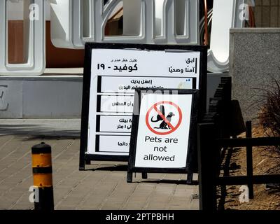 Cairo, Egitto, aprile 24 2023: Un cartello NO PET allowed per affrontare la politica di proprietà e le preoccupazioni di sicurezza con anche un testo arabo di protezione Covid-19 Foto Stock